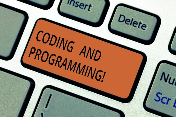 Text sign showing Coding And Programming. Conceptual photo Design and build an executable computer program Keyboard key Intention to create computer message pressing keypad idea. — Stock Photo, Image