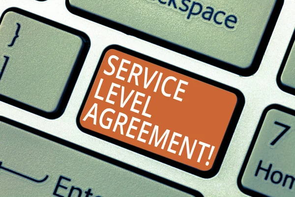 Handwriting text Service Level Agreement. Concept meaning Commitment between a service provider and a client Keyboard key Intention to create computer message pressing keypad idea.