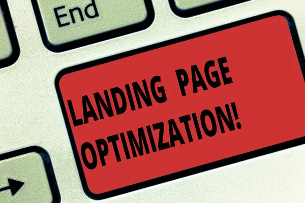 Handwriting text Landing Page Optimization. Concept meaning Improve elements of a website to rise conversion Keyboard key Intention to create computer message pressing keypad idea. — Stock Photo, Image