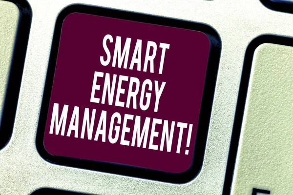 Text sign showing Smart Energy Management. Conceptual photo Lessen consumer dependence on conventional energy Keyboard key Intention to create computer message pressing keypad idea.