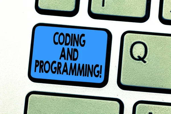 Text sign showing Coding And Programming. Conceptual photo Design and build an executable computer program Keyboard key Intention to create computer message pressing keypad idea. — Stock Photo, Image