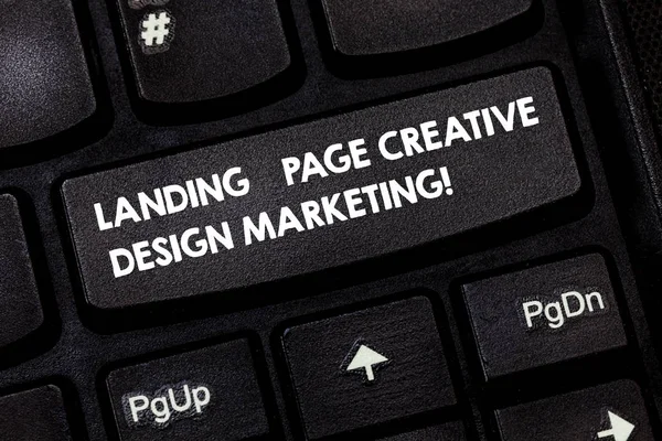 Текст написания слов Landing Page Creative Design Marketing. Бизнес-концепция для рекламы в социальных сетях Клавиатура для создания компьютерных сообщений нажатием клавиатуры идея . — стоковое фото