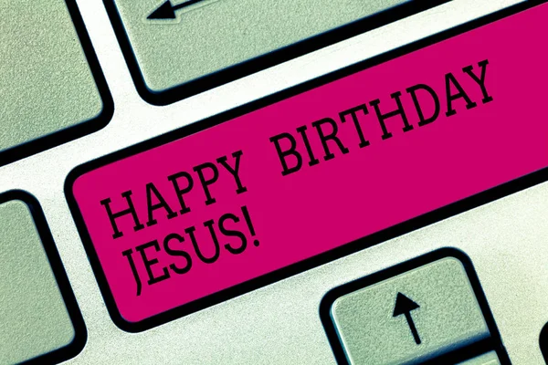 Text sign showing Happy Birthday Jesus. Conceptual photo Celebrating the birth of the holy God Christmas Day Keyboard key Intention to create computer message pressing keypad idea.