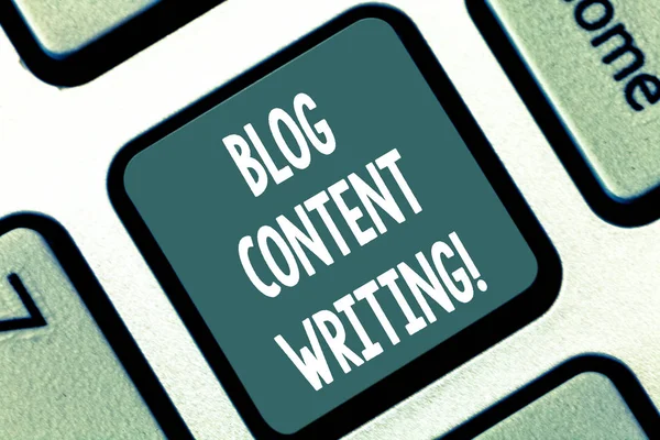 Writing note showing Blog Content Writing. Business photo showcasing online writing which is link to web marketing campaign Keyboard key Intention to create computer message pressing keypad idea.