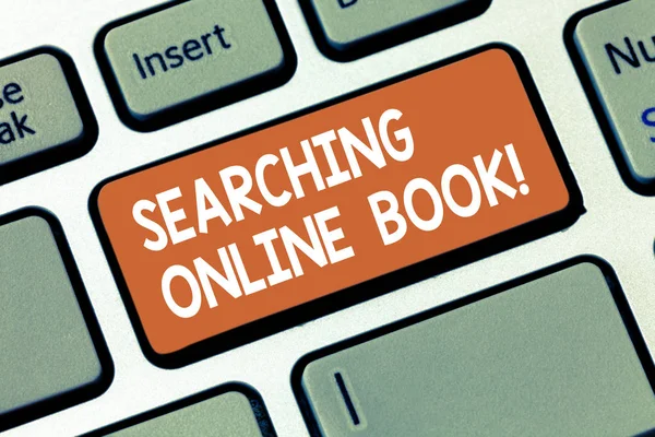 Writing note showing Searching Online Book. Business photo showcasing resource in book that is offered to read online Keyboard key Intention to create computer message pressing keypad idea.