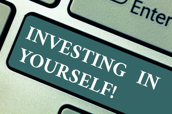 Conceptual hand writing showing Investing In Yourself. Business photo showcasing Learning new skill Developing yourself professionally Keyboard key Intention to create computer message idea. — Stock Photo, Image