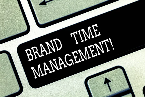 Writing note showing Brand Time Management. Business photo showcasing Increase the apparent value of a product line overtime Keyboard key Intention to create computer message pressing keypad idea.