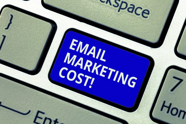 Text sign showing Email Marketing Cost. Conceptual photo Is the price for sending a thousand email messages Keyboard key Intention to create computer message pressing keypad idea