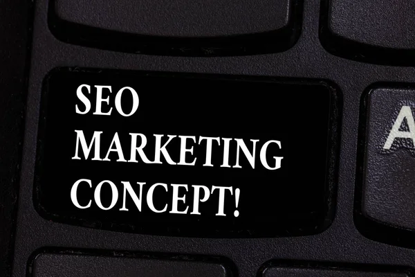 Writing note showing Seo Marketing Concept. Business photo showcasing Strategy that implement to satisfy customers need Keyboard key Intention to create computer message pressing keypad idea.