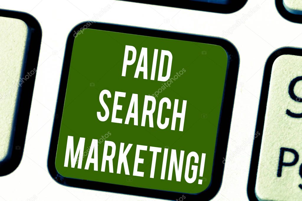 Conceptual hand writing showing Paid Search Marketing. Business photo text way to pay to ads through the internet search engines Keyboard key Intention to create computer message idea.