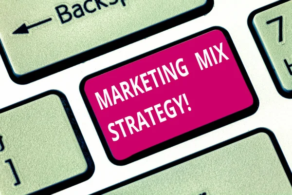 Writing note showing Marketing Mix Strategy. Business photo showcasing Set of governable tactical marketing tool company use Keyboard key Intention to create computer message pressing keypad idea. — Stock Photo, Image
