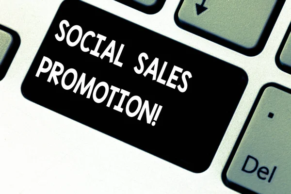 Conceptual hand writing showing Social Sales Promotion. Business photo showcasing provide added value or incentives to consumers online Keyboard key Intention to create computer message idea.