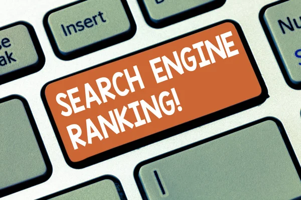 Writing note showing Search Engine Ranking. Business photo showcasing Rank at which site appears in the search engine query Keyboard key Intention to create computer message pressing keypad idea.
