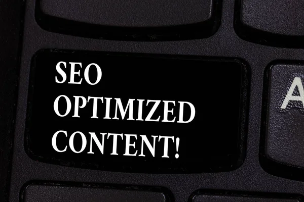 Writing note showing Seo Optimized Content. Business photo showcasing Making website pages attractive to search engines Keyboard key Intention to create computer message pressing keypad idea.