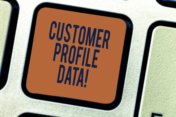 Text sign showing Customer Profile Data. Conceptual photo report about the type of demonstrating a company is trading Keyboard key Intention to create computer message pressing keypad idea.