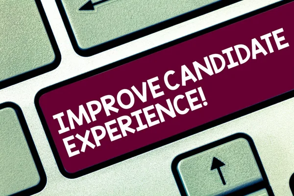 Text sign showing Improve Candidate Experience. Conceptual photo Develop jobseekers feeling during recruitment Keyboard key Intention to create computer message pressing keypad idea.