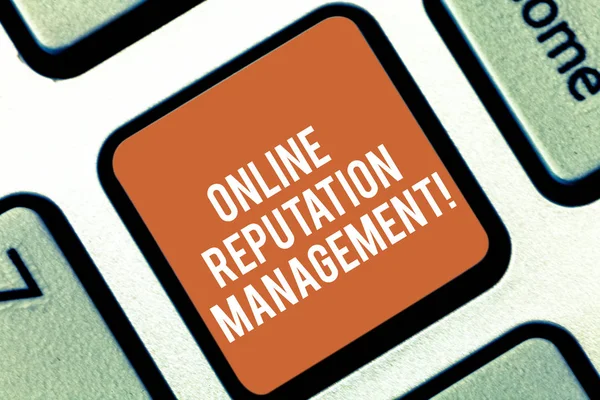 Conceptual hand writing showing Online Reputation Management. Business photo text taking control of the online conversation Keyboard key Intention to create computer message idea. — Stock Photo, Image