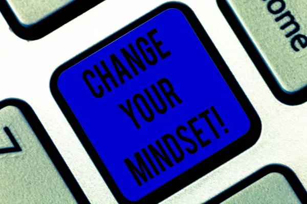 Writing note showing Change Your Mindset. Business photo showcasing fixed mental attitude or disposition demonstrating responses Keyboard key Intention to create computer message pressing keypad idea. — Stock Photo, Image