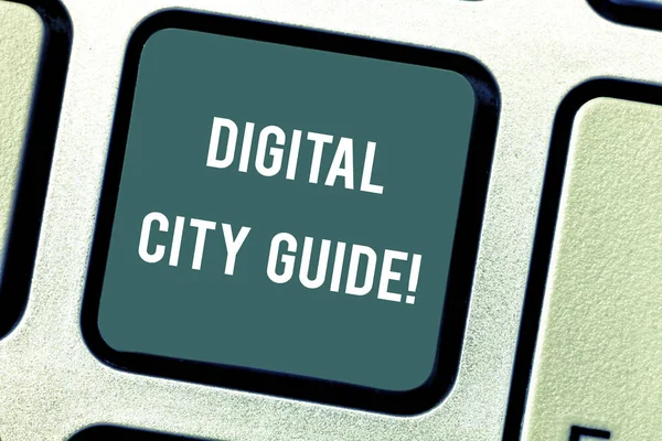 Word pisanie tekstu Digital City Guide. Koncepcja biznesowa dla aplikacji, która zawiera informacje pomocy dotyczące kultury klawisz na klawiaturze zamiar utworzyć wiadomość komputer naciskając klawisz klawiatury, pomysł. — Zdjęcie stockowe