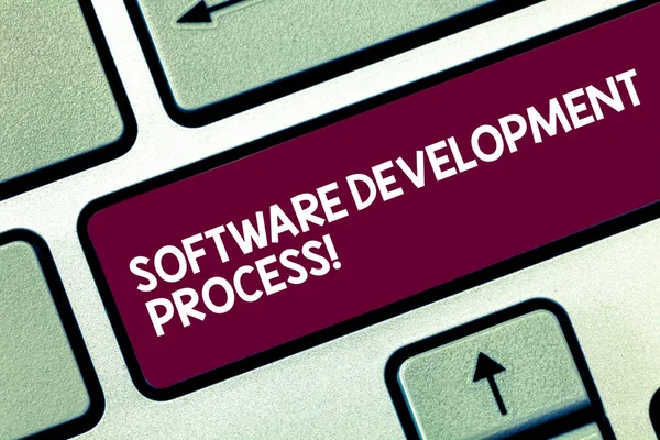 显示软件开发过程的文本符号。概念照片开发软件产品的过程键盘键意图创建计算机消息按键盘的想法. — 图库照片