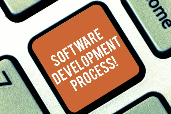 显示软件开发过程的概念手写。业务照片文本开发软件产品键盘键意图创建计算机消息的想法的过程. — 图库照片