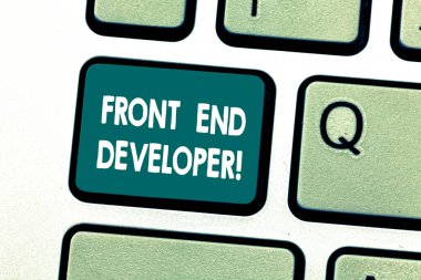 El yazısı metin Front End Geliştirici. Kavram anlam bilgisayar programcısı kodları ve görsel öğelerin klavye tuşuna basarak tuş takımı fikir bilgisayar ileti oluşturmak için niyet oluşturur.