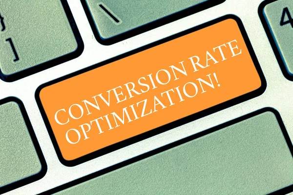 Writing note showing Conversion Rate Optimization. Business photo showcasing increasing the percentage of website visitors Keyboard key Intention to create computer message pressing keypad idea.
