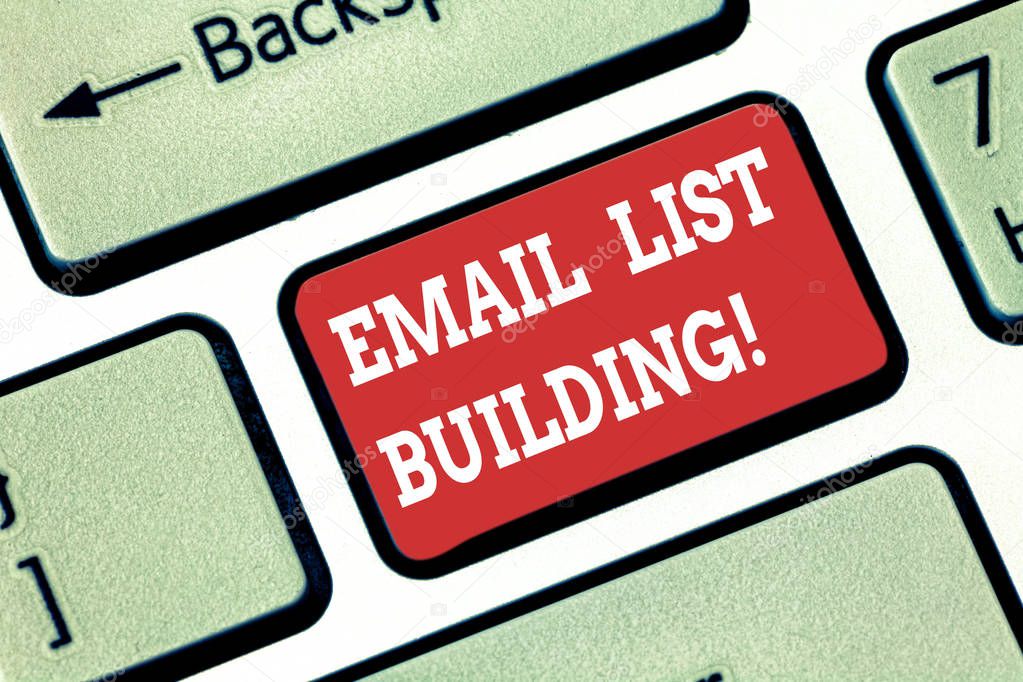 Conceptual hand writing showing Email List Building. Business photo showcasing allows distribution of information analysisy Internet users Keyboard key Intention to create computer message idea.