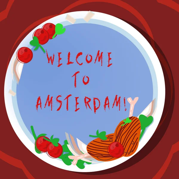 Conceptuele hand schrijven tonen welkom te Amsterdam. Zakelijke foto presentatie groet iemand bezoeken de hoofdstad stad van Nederland Hand getrokken Lamb Chops kruid Spice Cherry tomaten op plaat. — Stockfoto