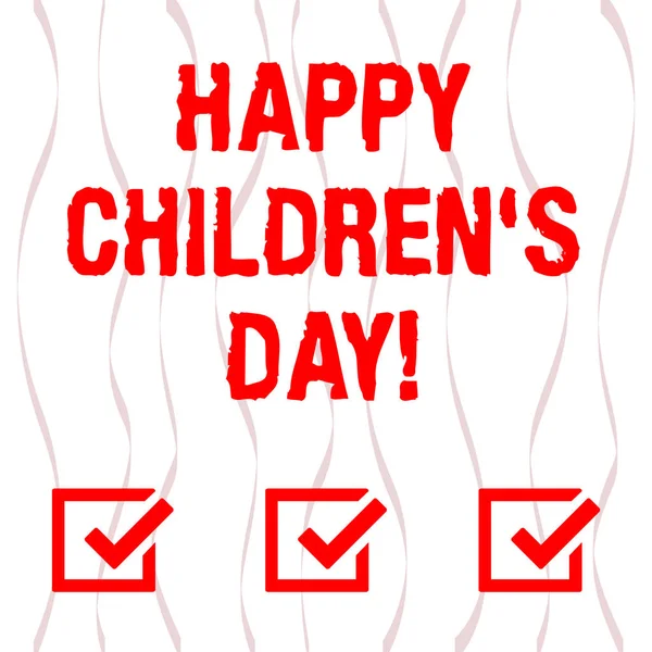 Handgeschreven tekst Happy Children S Day. Begrip betekenis vaste datum gemaakt ter gelegenheid van de kinderen en plezier verticale gebogen lint Strip Twisted Sash in naadloze terugkeerpatroon foto. — Stockfoto
