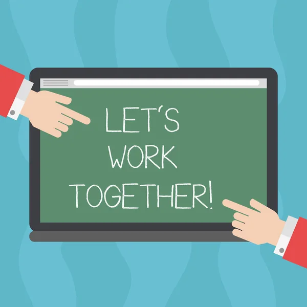 Conceptual hand writing showing Let S Is Work Together. Business photo text Asking partners colleges to do work with you Hu analysis Hands Pointing on a Blank Color Tablet Screen.