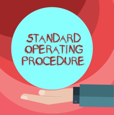 Standart çalışma prosedürü gösterilen metin işareti. Bir rutin Hu çözümleme gerçekleştirme konusunda kavramsal fotoğraf ayrıntılı yönergeleri takım sunan boş düz renk çemberinde Logo posterler için el..