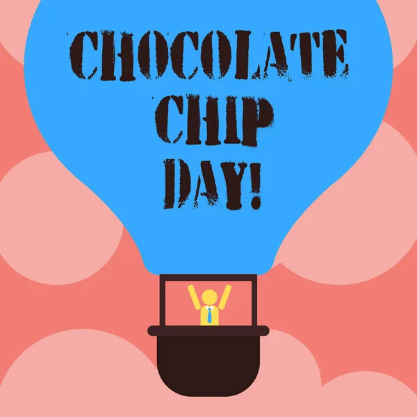 Writing note showing Chocolate Chip Day. Business photo showcasing date to enjoy tasty bits of choco in your cookies Hu analysis Dummy Arms Raising inside Gondola Riding Air Balloon.