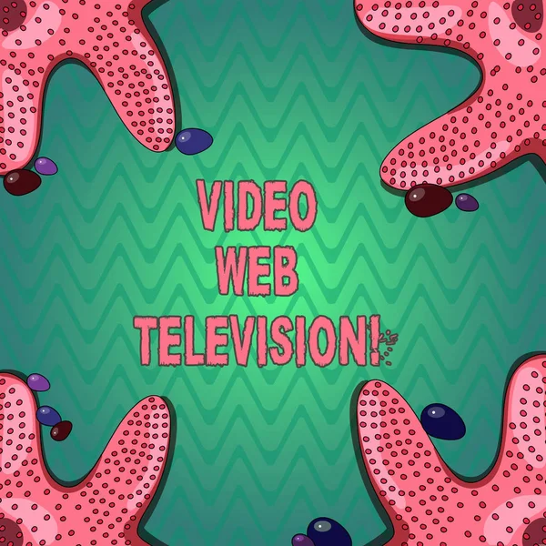 A kézírás szöveg írása videóinak Web TV. Fogalma azt jelenti, televíziós show házigazdája a channel s weboldalak Starfish fénykép a négy sarkából a színes kavicsok a poszter hirdetéseket kártyák. — Stock Fotó