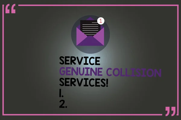 Text sign showing Service Genuine Collision Services. Conceptual photo Auto car crash good great services Open Envelope with Paper New Email Message inside Quotation Mark Outline.