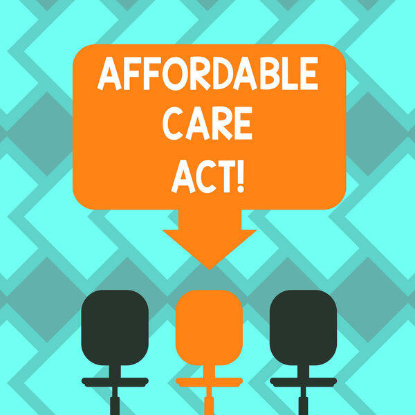 Text sign showing Affordable Care Act. Conceptual photo Guarantees that can receive or buy health insurance Blank Space Color Arrow Pointing to One of the Three Swivel Chairs photo.