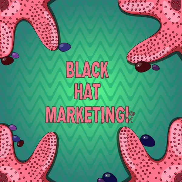 Почерк написания текста Black Hat Marketing. Концепция означает, что оптимизация поиска включает в себя дизайн сайта быть легко найти Starfish фото на четырех углах с красочными камешками для плаката объявления . — стоковое фото