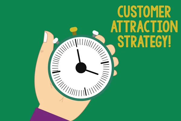 Text sign showing Customer Attraction Strategy. Conceptual photo encourage customers to buy your brand Hu analysis Hand Holding Mechanical Stop Watch Timer with Start Stop Button. — Stock Photo, Image