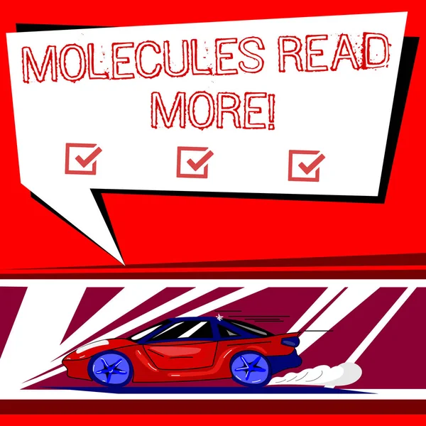 Signo de texto que muestra Moléculas Leer más. Foto conceptual la menor cantidad de átomo químico ácaro coche con icono de movimiento rápido y humo de escape en blanco burbuja de voz de color . — Foto de Stock