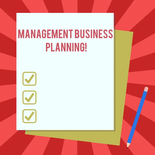 Word tekst intoetsen Management Business Planning. Businessconcept voor bundeling op stappen om bedrijf slagen Stack van lege verschillende Pastel kleur bouw Bond papier en potlood. — Stockfoto