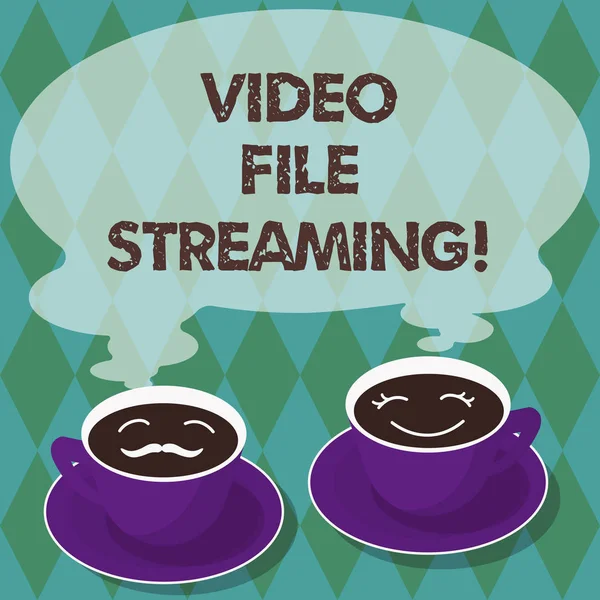 Writing note showing Video File Streaming. Business photo showcasing video be viewed online without being downloaded Sets of Cup Saucer for His and Hers Coffee Face icon with Blank Steam.