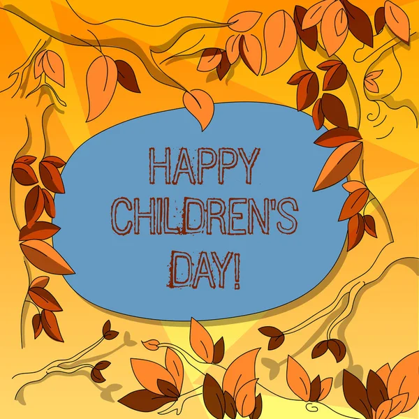 Word schrijven tekst Happy Children S Day. Businessconcept voor vaste datum gemaakt ter gelegenheid van de kinderen en plezier boom verspreide takken met bladeren rond lege tekst kleurruimte. — Stockfoto