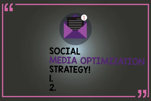 Text sign showing Social Media Optimization Strategy. Conceptual photo SEO Advertising Marketing strategies Open Envelope with Paper New Email Message inside Quotation Mark Outline.