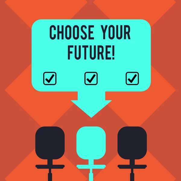 Handwriting text Choose Your Future. Concept meaning set plans for your career take courses study hard Blank Space Color Arrow Pointing to One of the Three Swivel Chairs photo.
