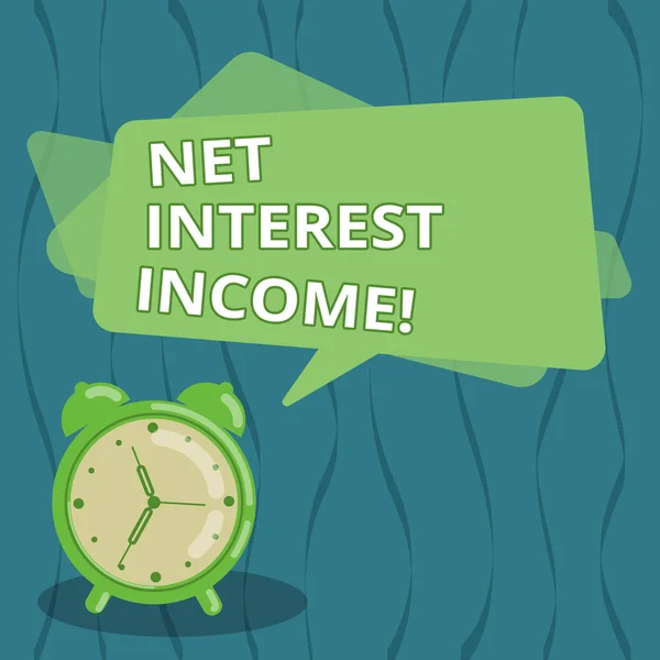 Writing note showing Net Interest Income. Business photo showcasing difference between revenue generated and expenses Blank Rectangular Color Speech Bubble Overlay and Analog Alarm Clock.