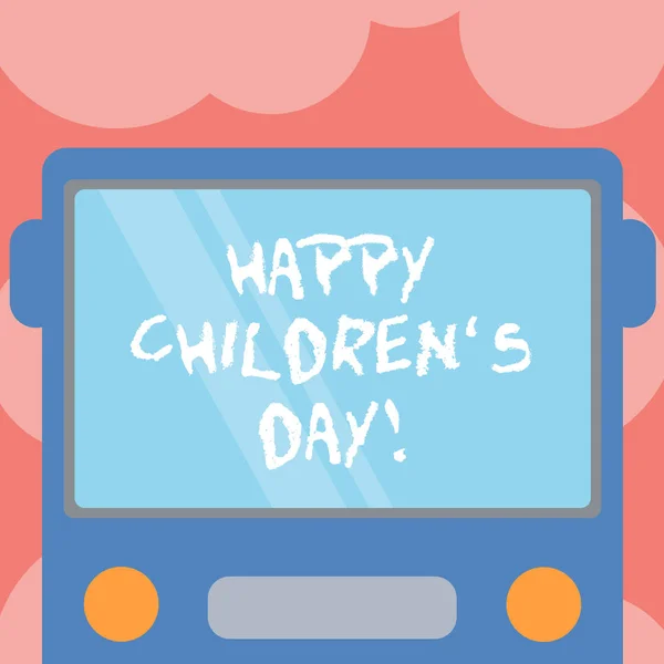 Schrijven van notitie weergegeven: Happy Children S Day. Zakelijke foto presentatie van vaste datum gemaakt ter gelegenheid van de kinderen en plezier getekende vlakke voorzijde bekijken van Bus met lege kleur venster Shield reflecterende. — Stockfoto