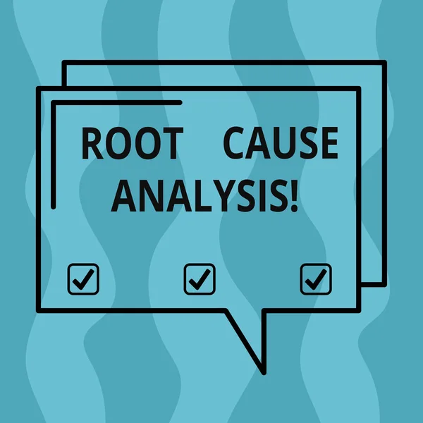 Escritura manual conceptual que muestra el Análisis de Causa Raíz. Foto de negocios que muestra el método de resolución de problemas utilizado para identificar causas Esquema rectangular Cómic transparente Espacio de burbujas . —  Fotos de Stock