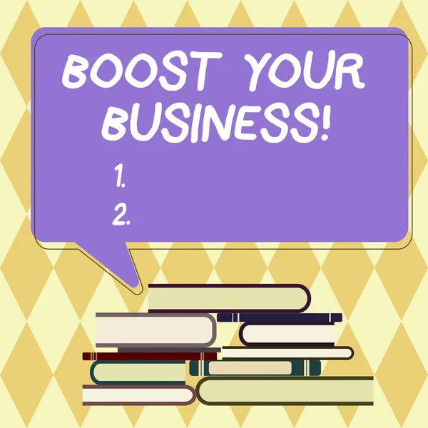 Segno di testo che mostra Boost Your Business. Foto concettuale migliorare una certa misura del successo delle imprese Crescita disuguale mucchio di libri rigidi e bianco rettangolare Discorso a colori Bubble . — Foto Stock