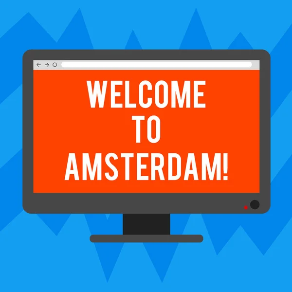 Tekst teken weergegeven: welkom te Amsterdam. Conceptuele foto groet iemand bezoeken de hoofdstad stad van Nederland leeg Computer Desktop Monitor kleur scherm gemonteerd met Progress Bar. — Stockfoto