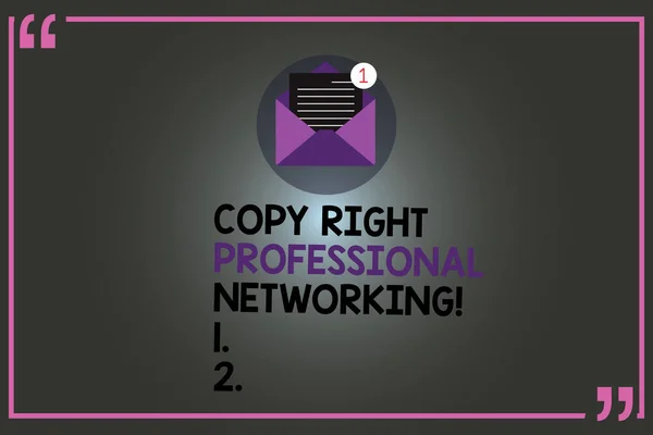 Text sign showing Copy Right Professional Networking. Conceptual photo Secure modern connection network Open Envelope with Paper New Email Message inside Quotation Mark Outline.